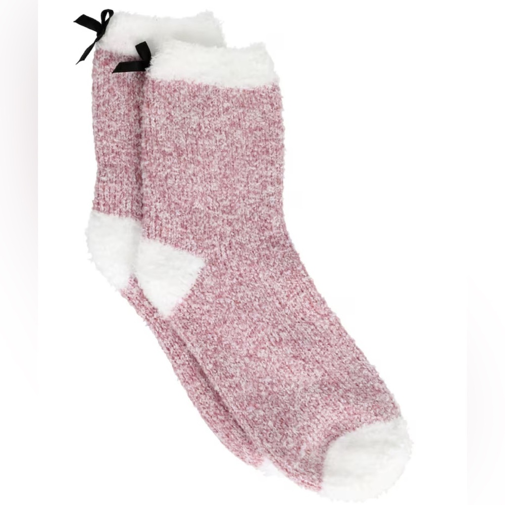 #x415 Snugadoo Plush Ankle Socks with Bow Pink Marled & White Fluffy Fuzzy Cabin